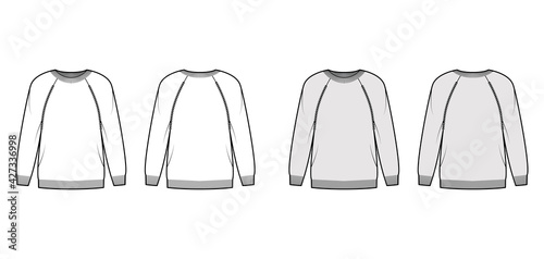 Sweater technical fashion illustration with rib crew neck, long raglan sleeves, oversized, thigh length, knit cuff trim. Flat pullover apparel front, back, white grey color. Women, unisex CAD mockup