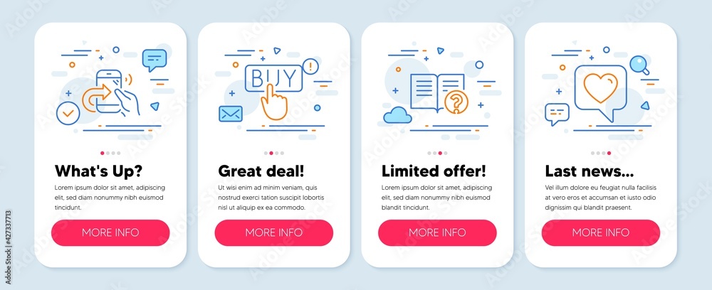 Set of Technology icons, such as Buying, Help, Share call symbols. Mobile screen banners. Heart line icons. E-commerce shopping, Documentation, Phone support. Like rating. Buying icons. Vector