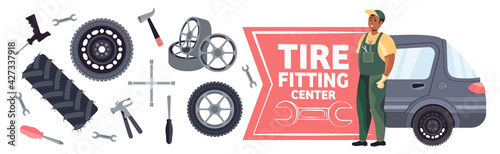 car mechanic changing wheels and repair them tire fitting service concept full length