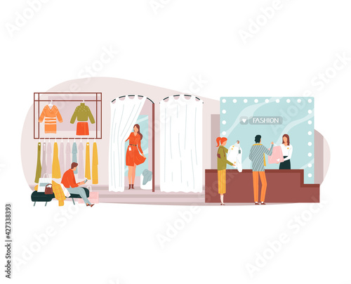 Fashion store, brand boutique, clothing retail, modern style, saleswoman at counter shop, design cartoon vector illustration.