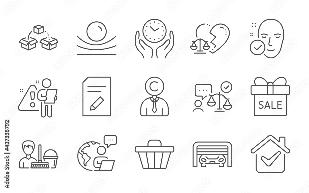 Safe time, Shop cart and Cleaning service line icons set. Copyrighter, Elastic material and Health skin signs. Parking garage, Edit document and Sale offer symbols. Line icons set. Vector Safe time, Shop cart and Cleaning service line icons set. Copyrighter, Elastic material and Health skin signs. Parking garage, Edit document and Sale offer symbols. Line icons set. Vector