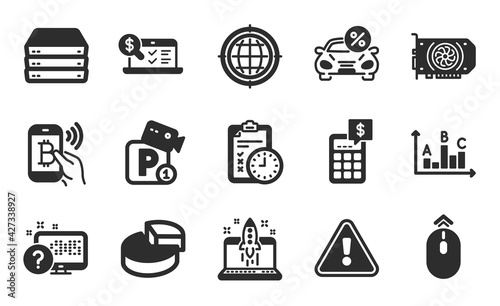 Online accounting, Servers and Survey results icons simple set. Pie chart, Parking security and Start business signs. Car leasing, Swipe up and Exam time symbols. Flat icons set. Vector