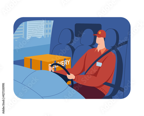 Transport industry trucking, inside cab view, professional driver, work trip, fast vehicle, cartoon style vector illustration.