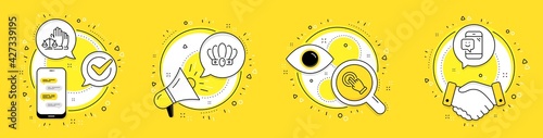 Touchscreen gesture, Crown and Court jury line icons set. Cell phone, megaphone and deal vector icons. Smile sign. Click hand, Monarchy king, Justice voting. Phone feedback. Business set. Vector
