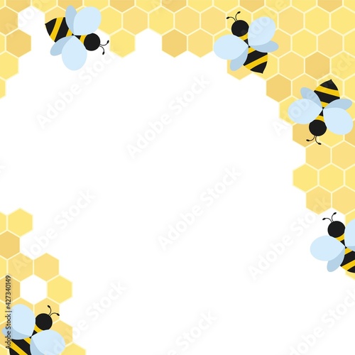 Beehive cells flat style vector background. Cartoon bees isolated on white. Summer honey design for party invitation, packaging design, business card, print, greeting card, textile etc.