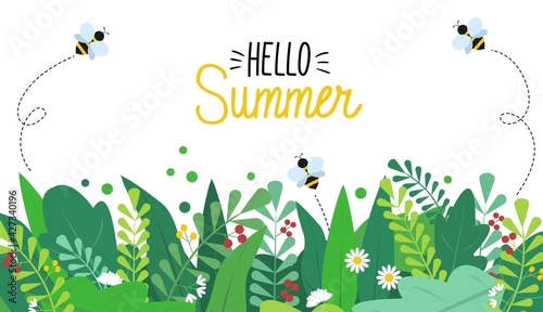 Summer background with colorful green leaves, bees and flowers on white background. Spring vector flat style template for banner, flyer, wallpaper, brochure, greeting card. Cartoon vector illustration