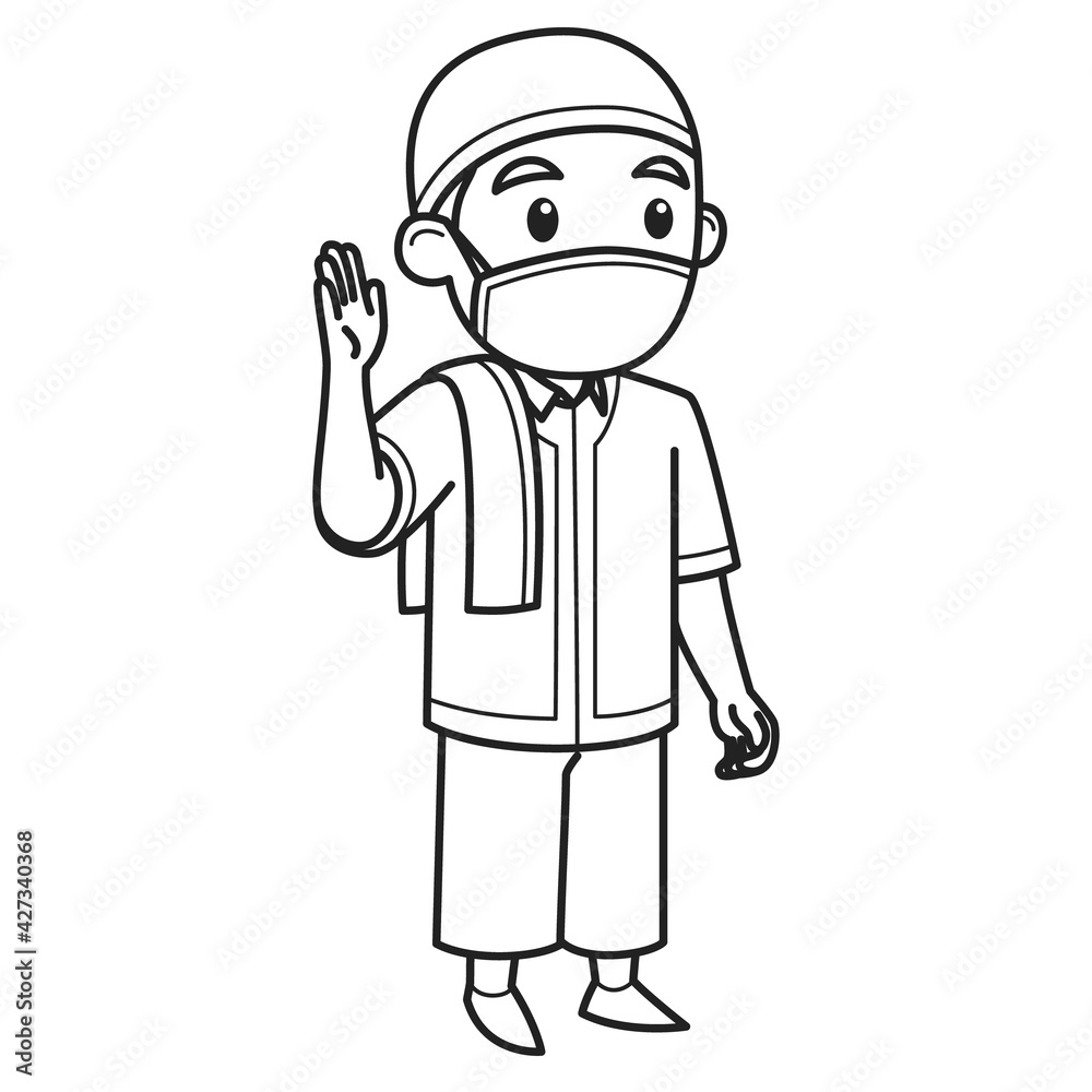 Muslim Boy Character Wearing Cap and Face Mask. Vector Illustration. Coloring Book Illustration.