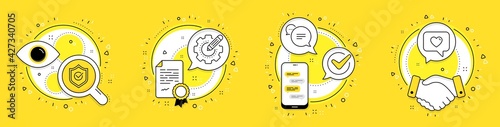 Approved shield, Settings gear and Text message line icons set. Licence, cell phone and deal vector icons. Love message sign. Protection, Technology process, Chat bubble. Dating service. Vector