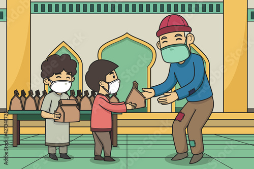 Day of Shadaqah Distribution by Children to Poor People in the Courtyard of a Mosque. Vector Illustration. Children Book Illustration. photo