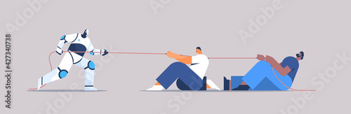 mix race businesspeople pulling rope fighting with modern robot competition conflict tug of war artificial intelligence