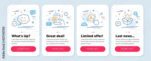 Set of Technology icons, such as Speech bubble, Ab testing, 24h service symbols. Mobile screen mockup banners. Loyalty program line icons. Comic chat, A test, Call support. Bonus star. Vector