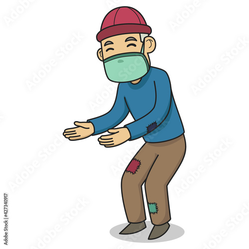 A Beggar Character Wearing a Winter Hat With Shabby Clothes. Vector Illustration. Children Book Illustration.