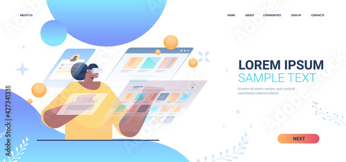 woman wearing vr headset african american girl in digital glasses exploring virtual reality interactive services