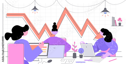 businesswomen using laptop analyzing red arrow downwards chart data analysis financial crisis recession