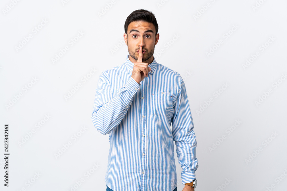 Young handsome man over isolated background showing a sign of silence gesture putting finger in mouth