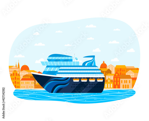 Luxury cruise liner, water tourism, floating boat in sea, reliable transport for travel, design cartoon style vector illustration.