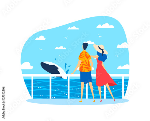 Vacation on ocean, hot summer, couple on seashore watching whale, design cartoon style vector illustration, isolated on white.