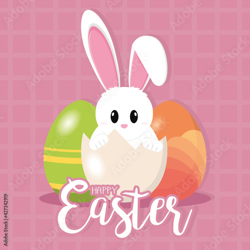 Cute bunny in a easter egg. Happy easter poster - Vector illustration