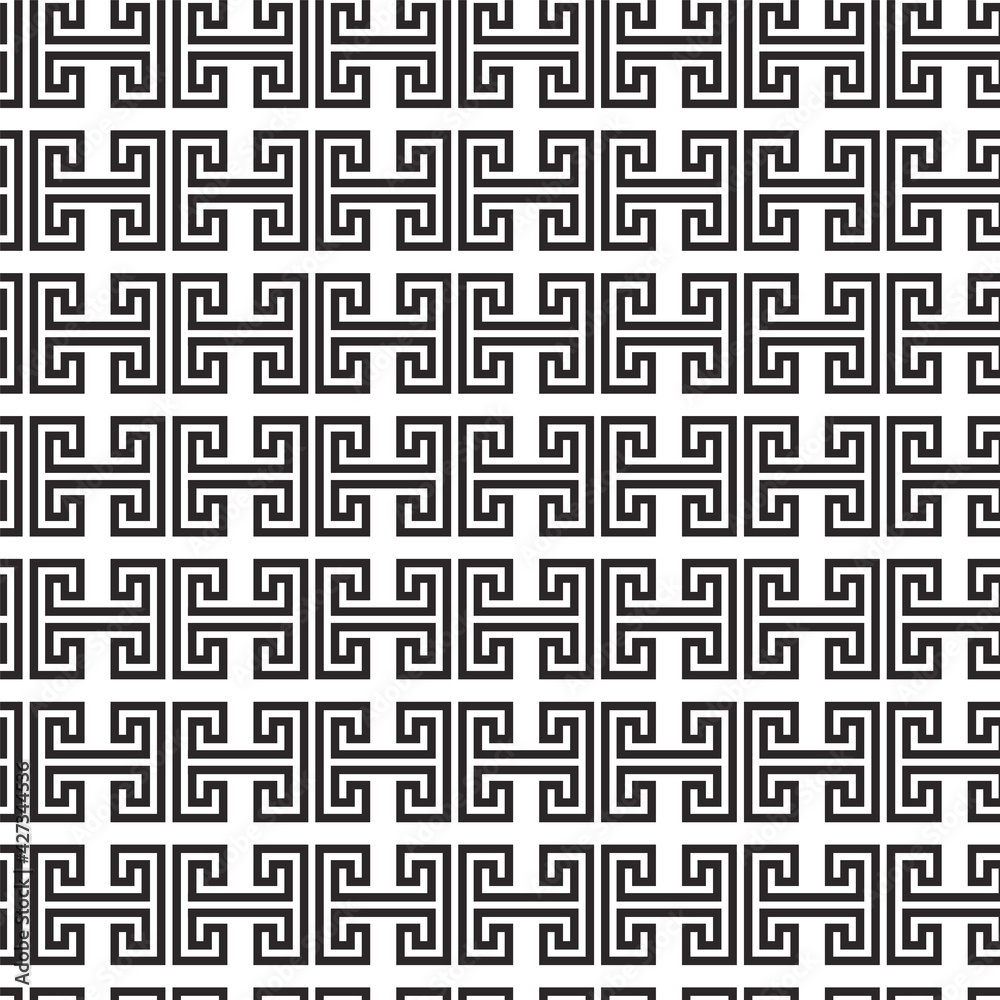 Greek key vector seamless pattern, geometric background, meander ornament, roman black and white line print. Ethnic repeat illustration