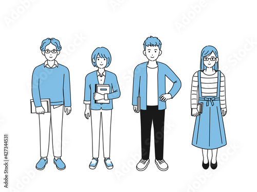大学生　女子大生　若い男女　全身　イラスト素材