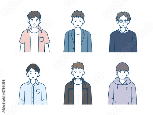 若い男性　セット　大学生　上半身　イラスト素材