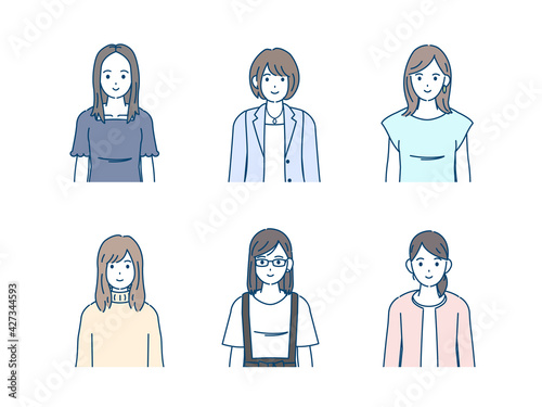 若い女性　セット　大学生　上半身　イラスト素材