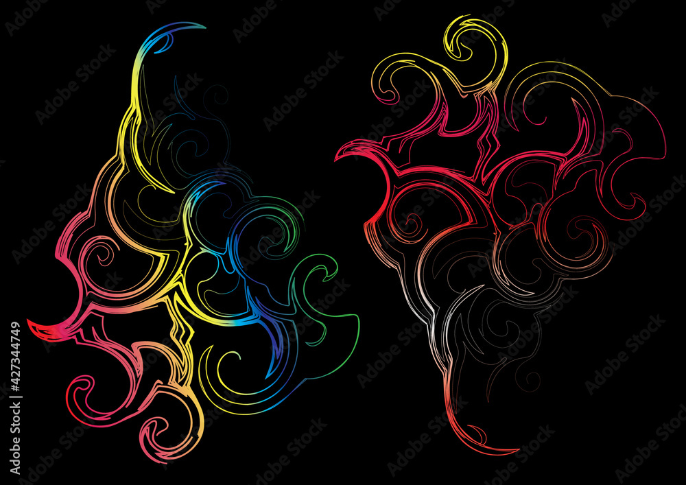 Abstract decorative rainbow shapes on a black background. Multicolored objects on a dark background in vector and jpg format. Abstract decorative rainbow shapes on a black background. Multicolored objects on a dark background in vector and jpg format.