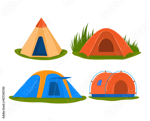 Travel tent set, camping equipment, summer outdoor adventure, design cartoon style vector illustration, isolated on white.