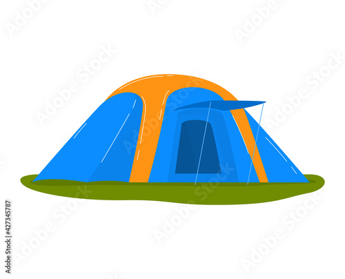 Travel tent set, camping equipment, summer outdoor adventure, design cartoon style vector illustration, isolated on white.