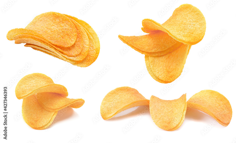 potato chips close-up isolated on a white background. potato chips close-up isolated on a white background.