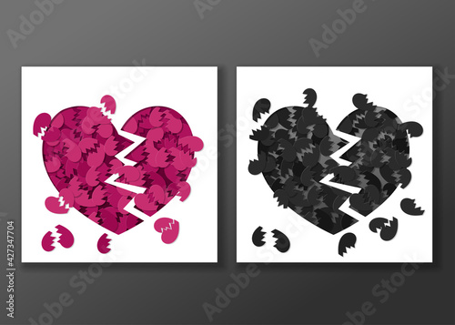 Broken heart and cracked heart papercut illustration