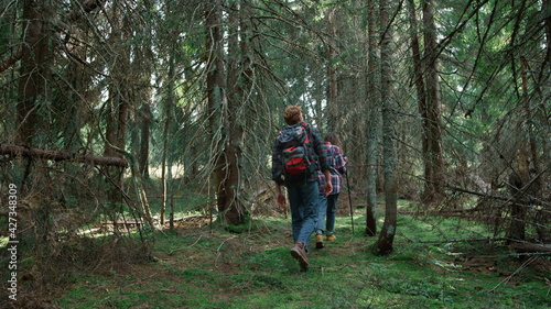 Smiling hikers walking in forest. Couple of tourists trekking between trees © stockbusters