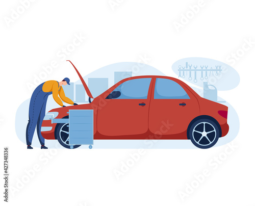 Professional car repair, scheduled auto service, vehicle maintenance, design cartoon style vector illustration, isolated on white.