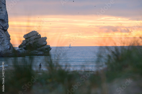 Sunset over ocean with large rock peninsula. Viewed through tall grass. Sailboat out into the distance.