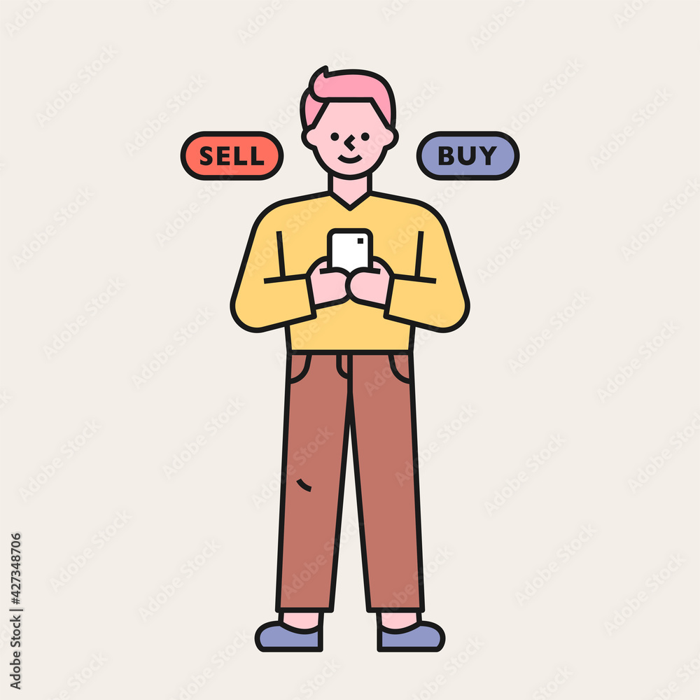 A man is buying and selling stocks on mobile. flat design style minimal vector illustration.
