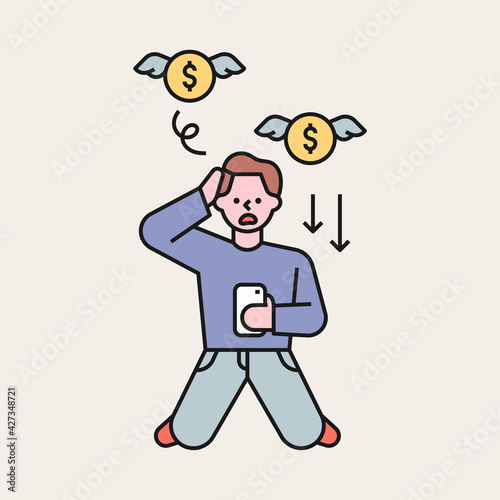 A man frustrated after losing money in stock. flat design style minimal vector illustration.