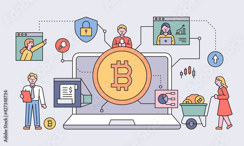 People doing bitcoin stocks around big laptops. flat design style minimal vector illustration.