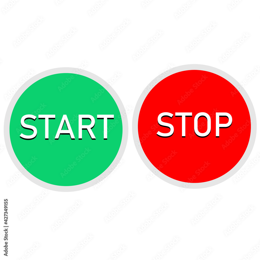 red and green button on white background. start and stop button set. round web buttons. red and green button on white background. start and stop button set. round web buttons.