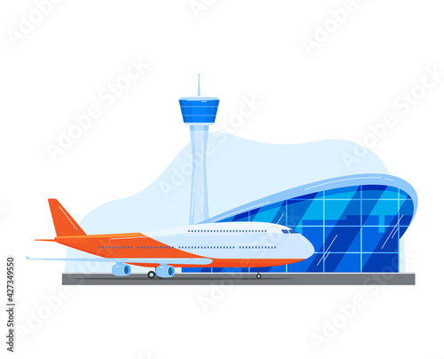 Landing on plane in modern airport, transport on takeoff line, design cartoon style vector illustration, isolated on white.