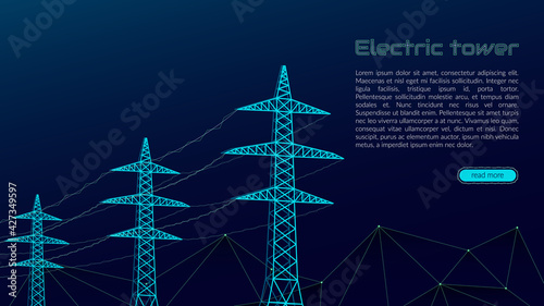 Stylized vector blue electric tower, electricity concept, power transmission, urbanization. On a dark blue background. Design template for websites, banners.