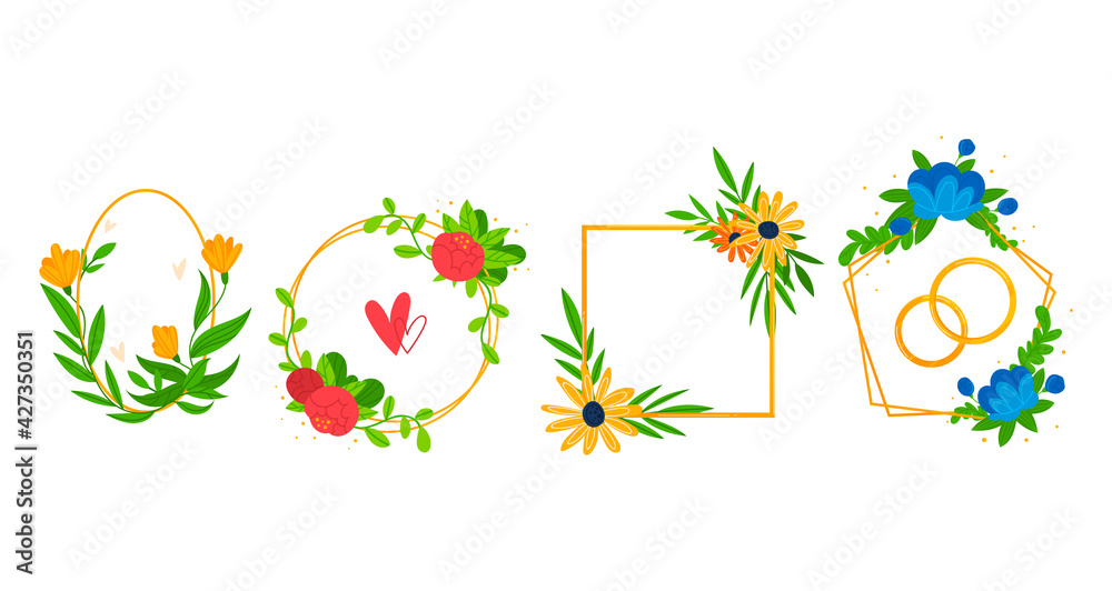 Set floral patterns from plants, elegant pattern decoration, design cartoon style vector illustration, isolated on white.