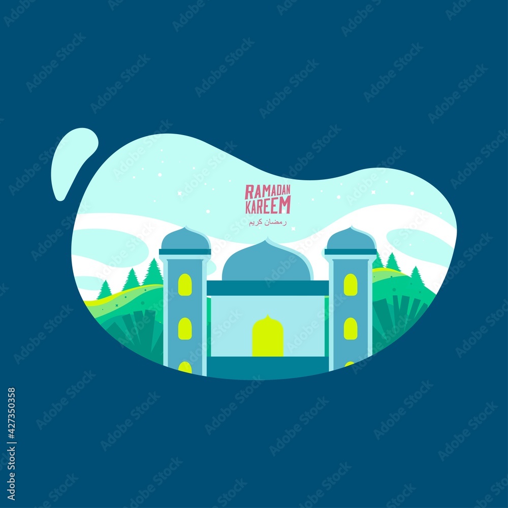 Cheeful ramadan kareem background, illustration with nature scene, hill and mosque flat illustration