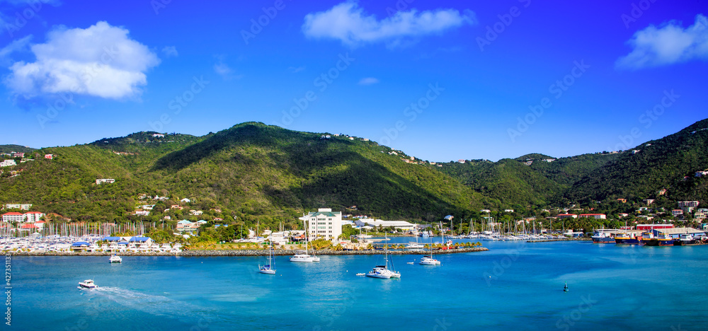 Sailboats float atop blue water in the bay of a tropical island during the day.