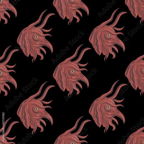 Seamless pattern with heads of fantastic medieval demon or devil with bird's beak. On black background.