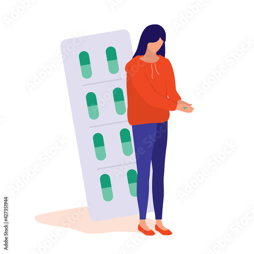 Sad Woman Taking Antidepressants. Mental Illness And Depression Treatment Concept. Vector Flat Cartoon Illustration. Young Girl Suffer From Depression And Anxiety.