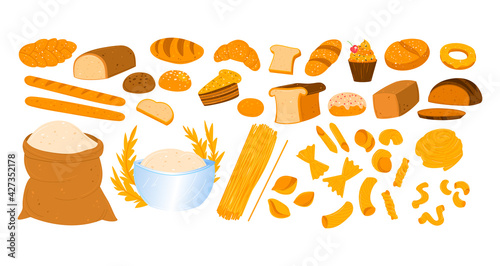 Baking products, bread food isolated on white, pastry delicious, baguette long while, design, flat style vector illustration.