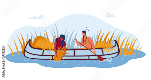 Indian comrades boat, traditional work, river background, brushwood picking, roof repair design, flat style vector illustration.