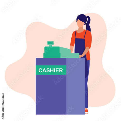 Female Cashier. Cashier Counter Concept. Vector Illustration Flat Cartoon. Young Cashier Woman Working.