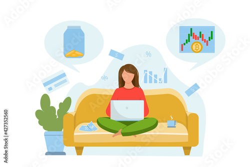 The girl sits on the couch and thinks about where to invest the money. Invest your money in cryptocurrency or leave it at home in a glass jar. Vector flat illustration
