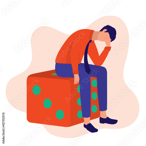 Businessman Make A Mistake In Decision. Risk In Business And Gambling Concept. Vector Illustration Flat Cartoon. Sad Man Sitting On A Dice.